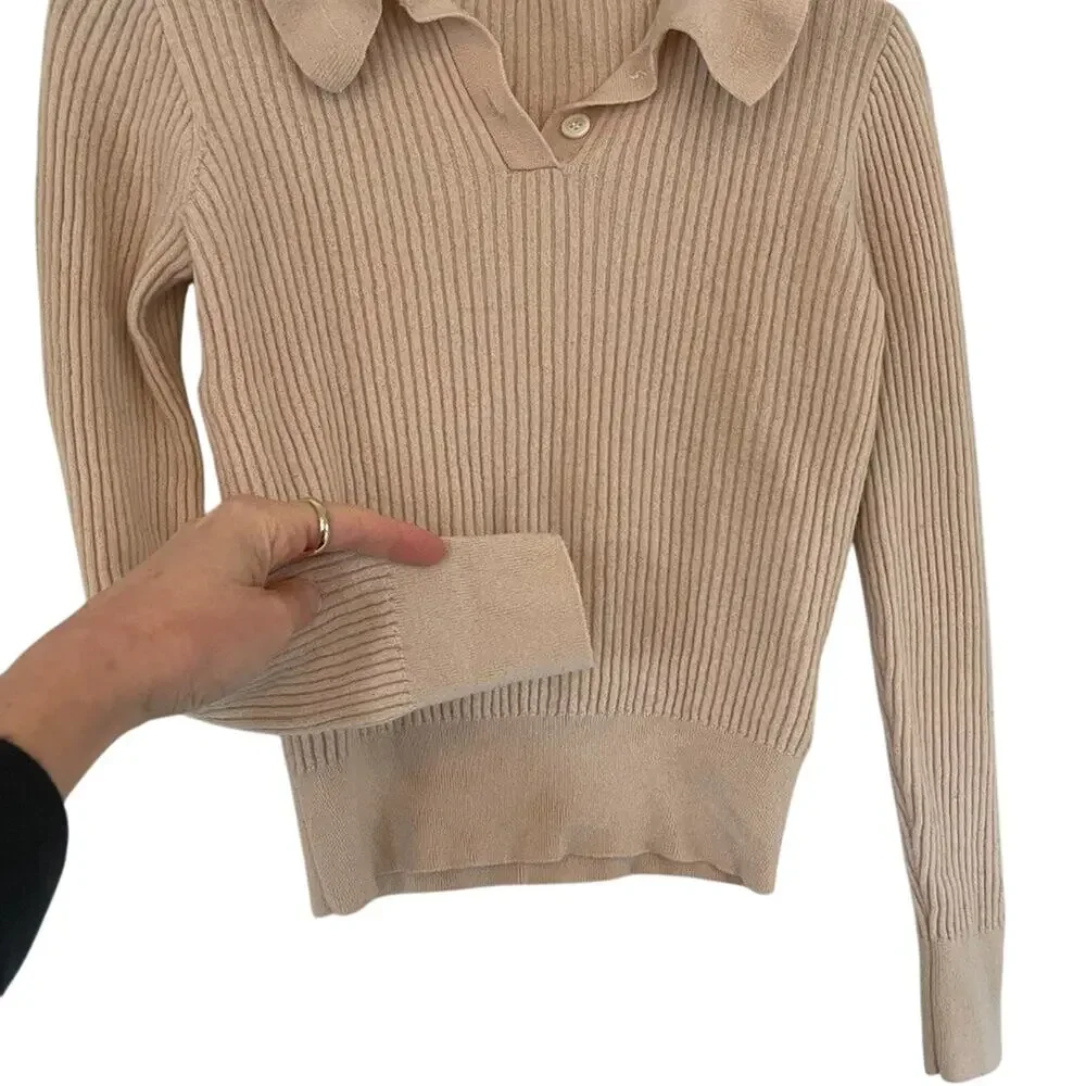 J. Crew Tan, Beige Ruffle Collar Ribbed Merino Wool Sweater, Size Small